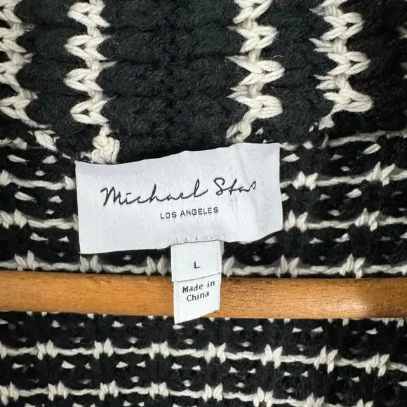 Michael Stars Chunky Cardigan Sweater L Black Cream Open Preppy Cozy Coastal - Picture 7 of 8